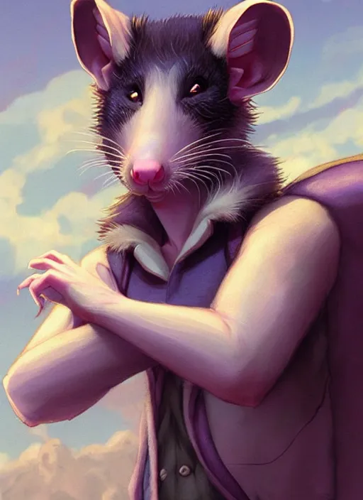 Image similar to character portrait of a male anthro opossum fursona with a tail and a cute beautiful attractive detailed furry face wearing a tanktop and slacks standing outside a city tattoo parlor with arm tattoos. Character design by charlie bowater, ross tran, artgerm, and makoto shinkai, detailed, inked, western comic book art