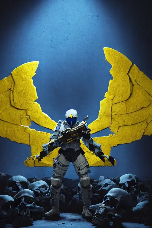 Prompt: A ghost soldier with wings with a blue and yellow flag behind him is standing on a pile of skulls in triumph, concept art, сinematic lighting, insanely detailed, smooth, sharp focus, trending on Artstation, 8k, unreal engine, hyper realistic, illuminated soldier, bright background, moonlight, volumetric lighting, wallpaper, digital illustration by Ruan Jia and Mandy Jurgens and Artgerm and Wayne Barlowe and Greg Rutkowski and Zdislav Beksinski