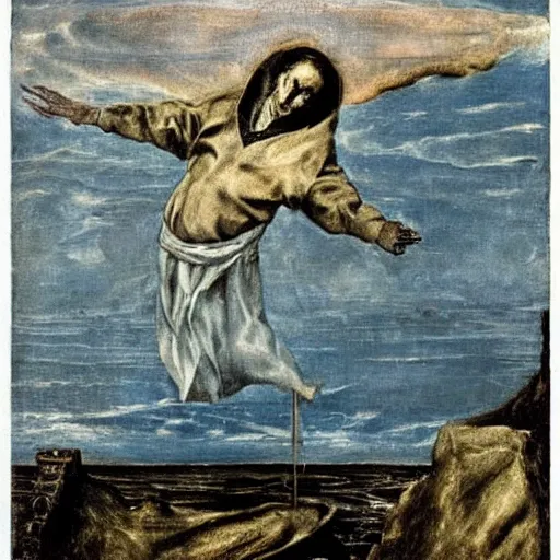 Prompt: The Pope levitating over the sea. El Greco, Remedios Varo, Salvador Dali, Carl Gustav Carus, John Atkinson Grimshaw. Blue tint. Symetrical, logo, geometric shapes.