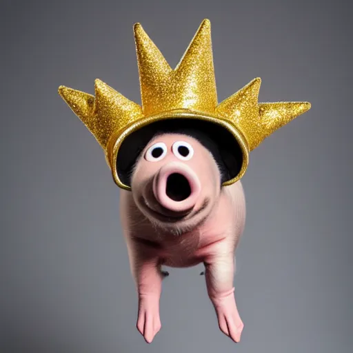 Image similar to studio photograph of a happy pig wearing a gold crown depicted as a muppet, jumping, full body