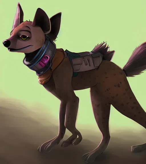 Image similar to digital detailed full body of anthromorphic female hyena, in style of zootopia, fursona, furry, furaffinity, 4 k, deviantart, wearing astronaut outfit, in style of zootopia, floating in space, space background, in deep space, dark background, hyena fursona, cyberpunk, female, stylized face,