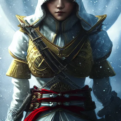 Prompt: unknown assassins creed : japan, female character portrait, clothed in highly detailed assassins armour, feudal japan vibes, atmospheric lighting, painted, intricate, mist, cold, golden ratio, volumetric lighting, beautiful, blue moon light, sharp focus, ultra detailed, by leesha hannigan, ross tran, thierry doizon, kai carpenter, ignacio fernandez rios