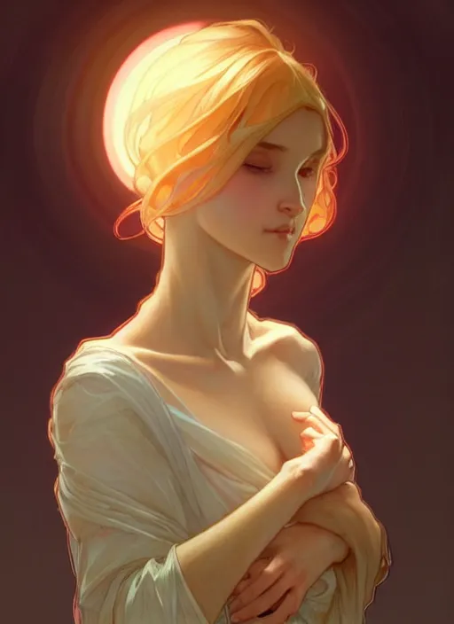 Image similar to digital character concept art by artgerm and greg rutkowski and alphonse mucha. clear portrait of a shy modern wife blessed by god to grow immaculately fertile and perfect!! blonde, in clothes! holy body! light effect. hyper detailed, glowing lights!! intricate, elegant, digital painting, artstation, smooth, sharp focus