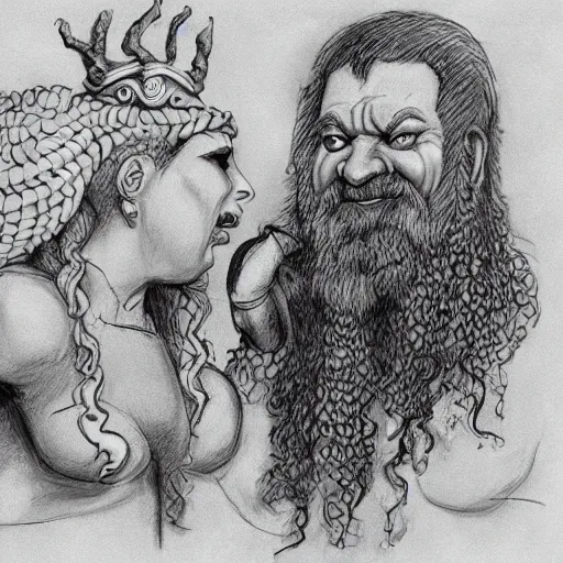 Prompt: hyper realistic sketch of a dwarven smith chatting with a blind - folded medusa, very detailed, dungeons and dragons, fantasy