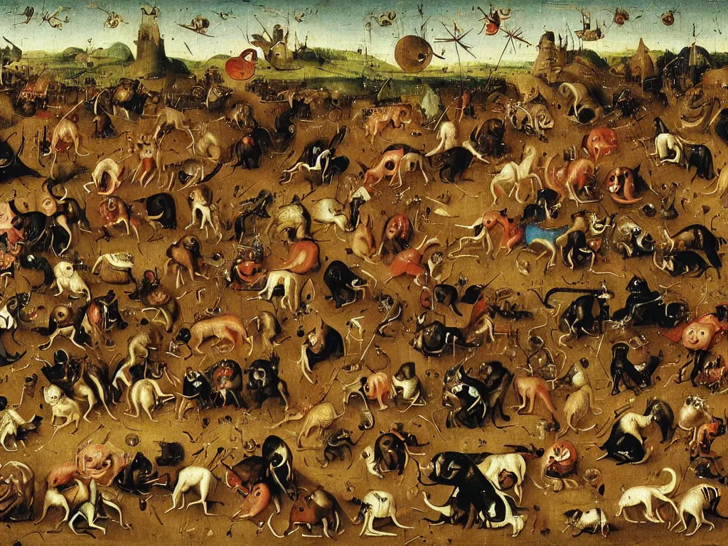 Prompt: dogs in a moshpit at a metal festival jumping and growling at each other, by hieronymus bosch