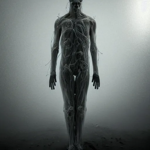 Prompt: a human - shaped anatomical model ghost covered in fluid silk, ethereal, veins and nerves, highly detailed, backlit, dark atmosphere, octane render, unreal engine, photorealist, procedural light