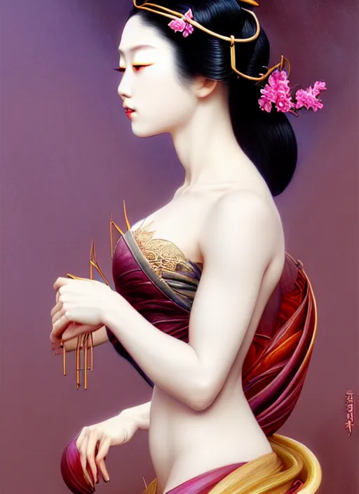 Image similar to organic seductive Geisha, pearlescent skin, diffuse lighting, fantasy, intricate, elegant pose, highly detailed, lifelike, photorealistic, digital painting, artstation, illustration, concept art, different point of view, smooth, sharp focus, art by John Collier and Albert Aublet and Leonardo da vinci and Moebius and Krenz Cushart