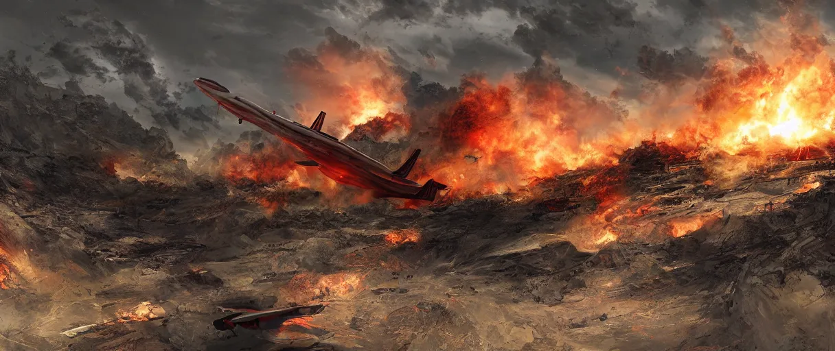 Prompt: plane crashing landscape, in hell, digital art, trending on artstation