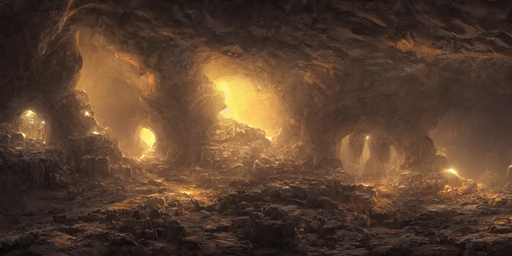 Prompt: fantasy matte painting of a cave with huge glowing crystals in the walls and piles of bones on the floor, fantasy, sharp focus, artstation