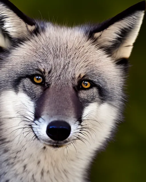 Image similar to black pink green blue white fox looking into the camera, portrait, blue background, 8 k, 8 5 mm f 1. 8