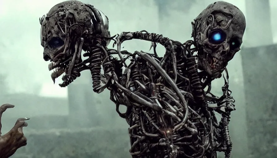 Prompt: a movie by Ridley Scott showing a necromancer raises a cyborg zombie from the grave