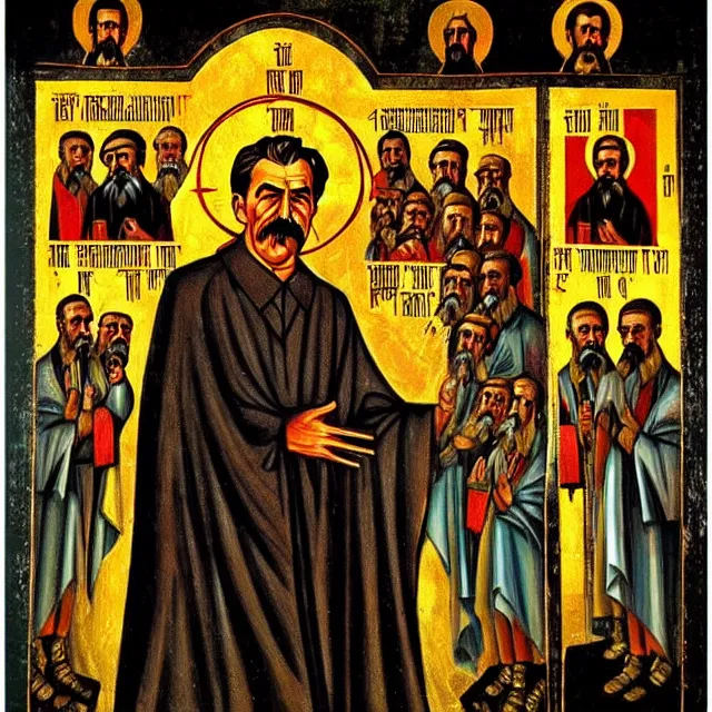 Prompt: stalin's eternal torment in hell abdulov in the style of orthodox icons