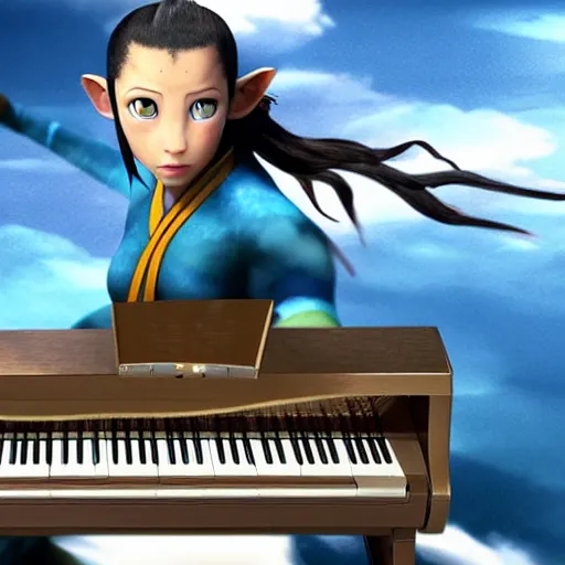 Image similar to Avatar the last airbender playing the piano, UHD, hyperrealistic render, 4k, highly detailed