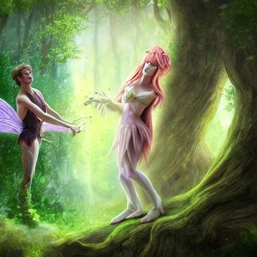 Prompt: a male fairy and a female fairy turn into a tree, highly detailed, digital painting, sharp focus, fantasy art, ultra realistic, 4 k