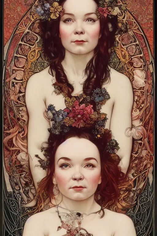 Prompt: Björk Guðmundsdóttir, beautiful woman, realistic detailed face portrait of Björk by Alphonse Mucha, Ayami Kojima, Amano, Charlie Bowater, Karol Bak, Greg Hildebrandt, Jean Delville, and Mark Brooks, Art Nouveau, Neo-Gothic, gothic, rich deep moody colors, full body portrait