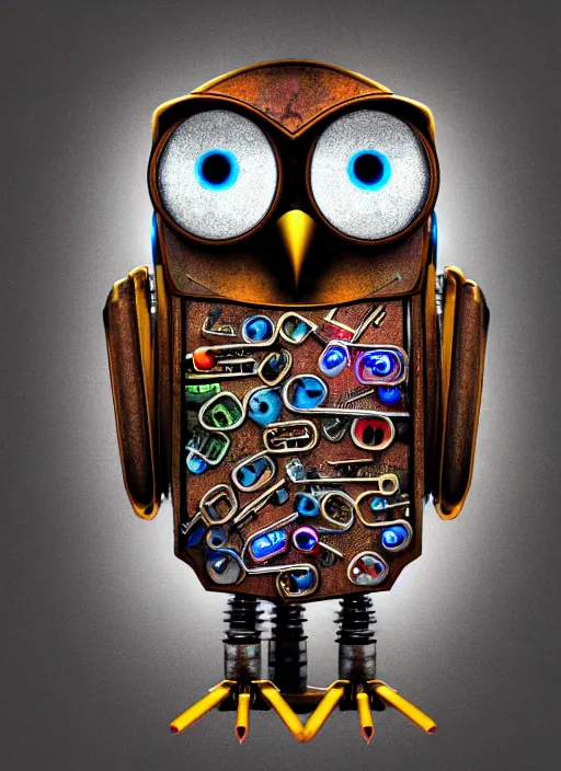 Image similar to colored pencil and pen drawing of an animatronic robot owl, bird made from rusty old keys and padlocks, 4 k photorender realityengine