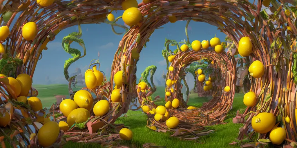 Prompt: a portal to a world of lemons by Dr Seuss, trending on artstation, 8k, octane rendered, highly detailed