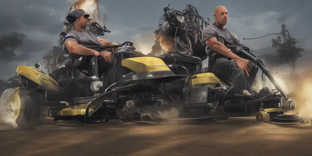 Image similar to Vin Diesel racing on a lawnmower, hyperdetailed, artstation, cgsociety, 8k