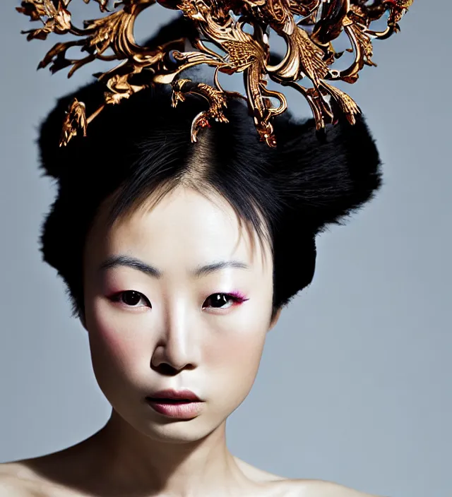 Image similar to photography face profil portrait of a beautiful asian woman like chiharu okunugi, great hair style,, half in shadow, natural pose, natural lighing, rim lighting, wearing an ornate stunning outfit and hat iris van herpen, colorfull newbaroque makeup by benjamin puckey, highly detailed, skin grain detail, photography by paolo roversi