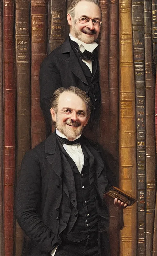Prompt: portrait of a smiling middle aged victorian gentleman wearing a dark suit, happy, standing beside a bookcase, detailed face, 1 9 th century, highly detailed, cinematic lighting, digital art painting by greg rutkowski