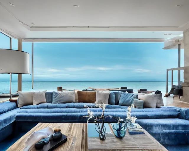 Prompt: A modern living room inspired by the ocean, a luxurious wooden coffee table with large seashells on top in the center, amazing detail, 8k resolution, blue color, calm, relaxed style, harmony, wide angle shot