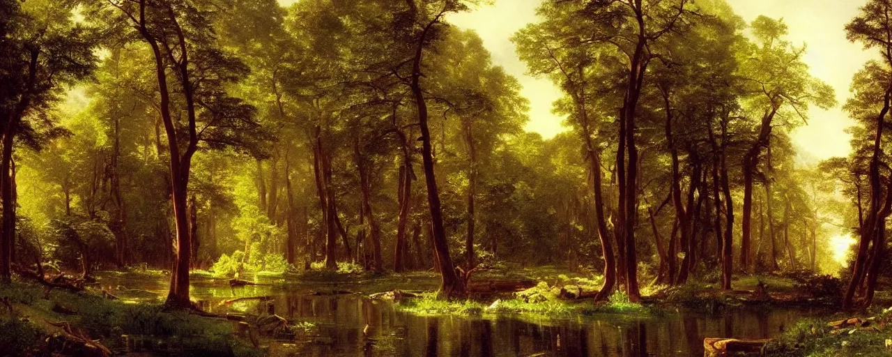 Prompt: beautiful forest scenery, painting by albert bierstadt and thomas cole