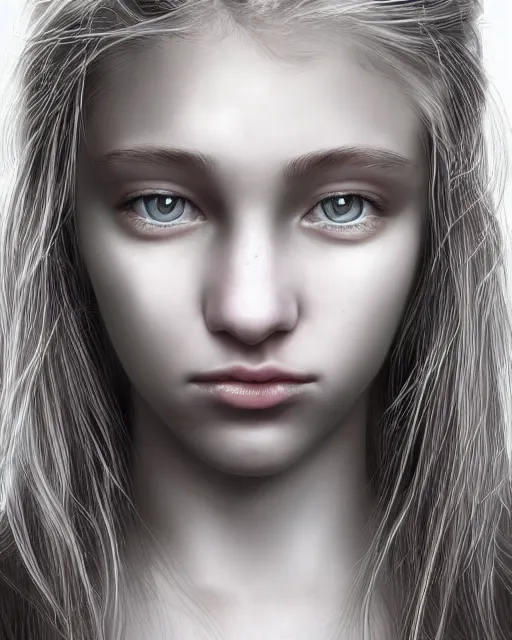 Image similar to portrait of 1 6 - year - old woman with dirty blonde hair down to her waist, pale eyebrows and protuberant silver eyes, wearing white shirt, hyper realistic face, beautiful eyes, character art, art by mark brooks, hyperdetailed, cryengine, trending on artstation, digital art