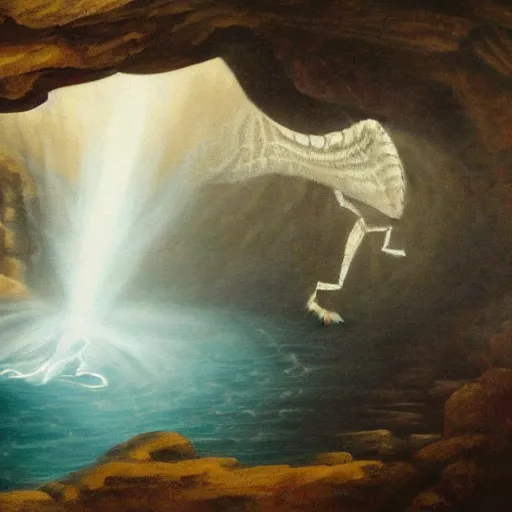 Image similar to oil painting of a dragon flying in the air near a cave with a waterfall in the center, light emanating from the waterfall leading to a big pool of water, dragon has black and white stripes, elegant, sharp focus, wide shot, clear, detailed, early renaissance