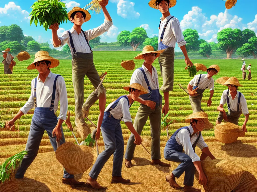 Image similar to mandragora farmers working on the sunny day, wearing a suspenders and straw hats, artgerm, artstation, art by hiroaki samura and jiro matsumoto and yusuke murata, box office hit, movie poster, unreal engine, octane render, sharp focus, high quality, highly detailed 8 k