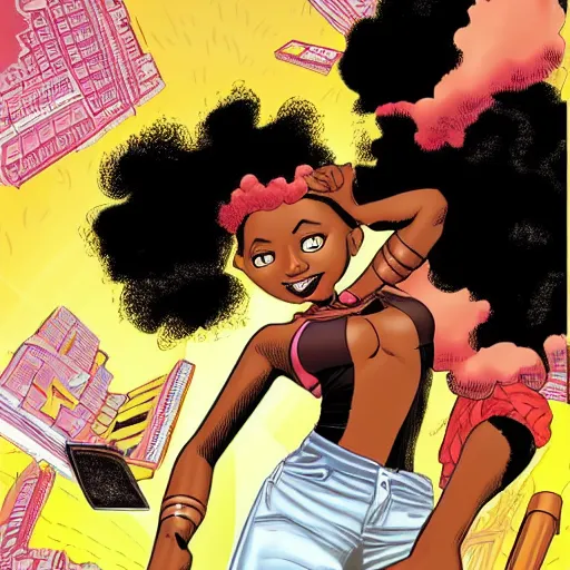 Prompt: comic book hero black girl with Afro, tall and slim figure, brown skinned brown eyes full lips,