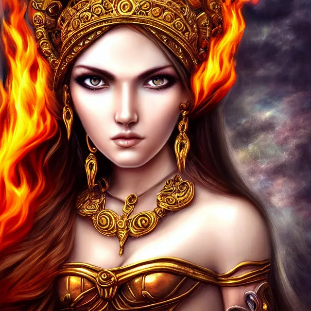 Image similar to perfectly centered close up portrait, goddess of fire, candid photography, by anne stokes, highly detailed, character concept