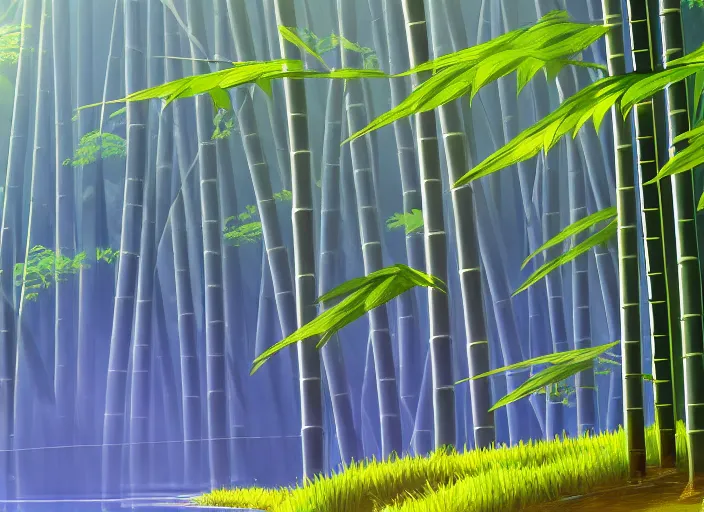 Prompt: misty japanese bamboo forest, lake, waterfall!!!!!, large mountain, rule of thirds, sunny, cartoony, stylized anime, sun rays, soft, by hayao miyazaki, ghibli studio, makoto shinkai, toei animation, studio trigger, trending on artstation, 4 k, hd