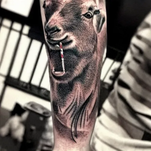 Image similar to a tattoo of a goat with a stick of dynamite in its mouth