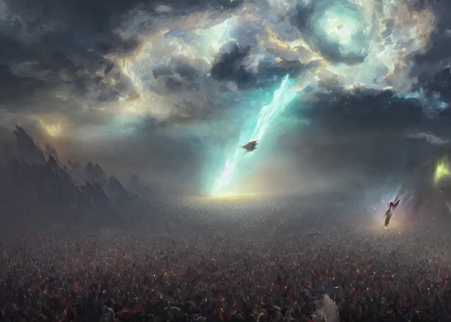 Prompt: large abstract painting of giant grinning Joe Biden head emerging from cosmic clouds at giant immense crowd of person army, trending on ArtStation, masterpiece, by Greg Rutkowski, by Ross Tran, by Fenghua Zhong, octane, lightbeam eyes, soft render, clear facial features, oil on canvas,, moody lighting, cinematic, professional environment concept art