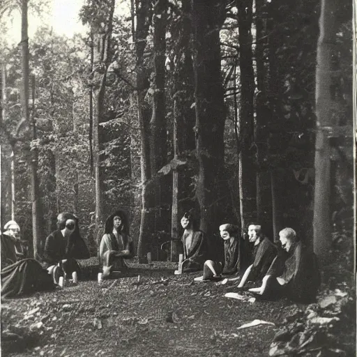 Image similar to shadow people at an occult alter in the woods vintage photo