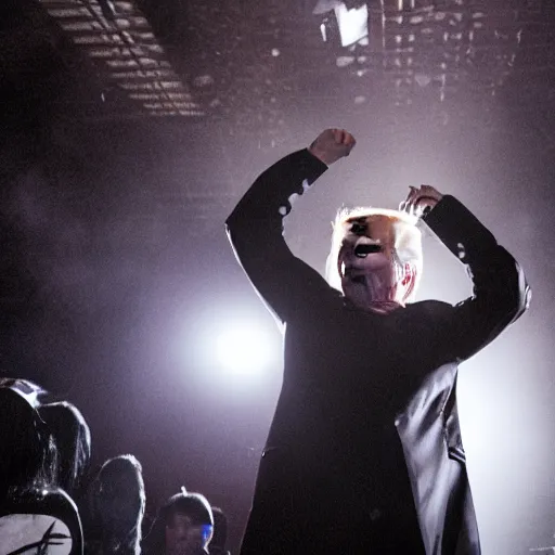 Image similar to donald trump headbanging on stage as the lead singer in a black metal band, full makeup, large crowd, 5 0 mm lens, volumetric lighting