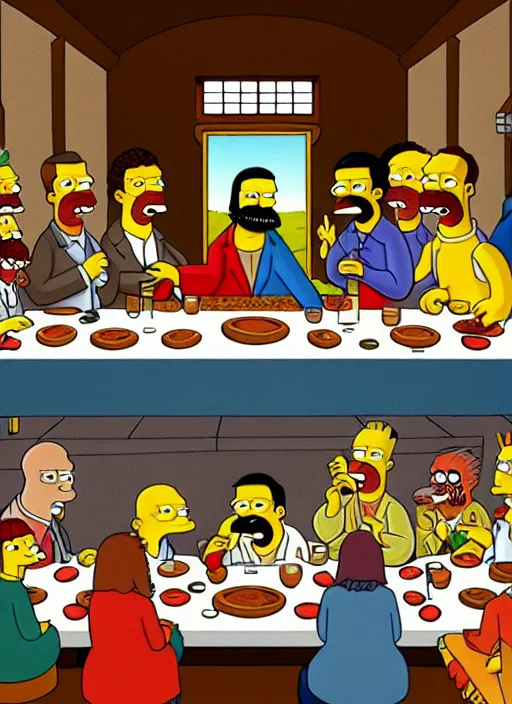 Prompt: the last supper, but with simpsons characters, highly detailed, fine art