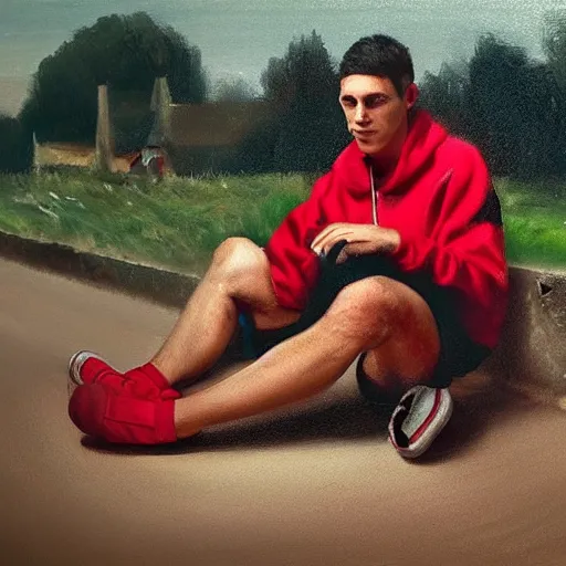 Image similar to a man in cheap and red used sportswear. he is smoking a cigarette. he is sitting on a dead dog. he is on the side of the road. he is wearing slippers. it is a rural scene, in poor village, dramatic lighting, hyper detailed, surreal, hyperrealism, oil painting