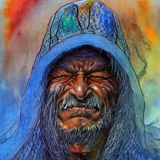 Image similar to very very very old shaman burns from the inside out, old gray haired mexican mage fire from inside, close his eyes with no pain, watercolor ink painting, in the style of jean giraud, in the style of moebius trending on artstation deviantart pinterest detailed realistic hd 8 k high resolution