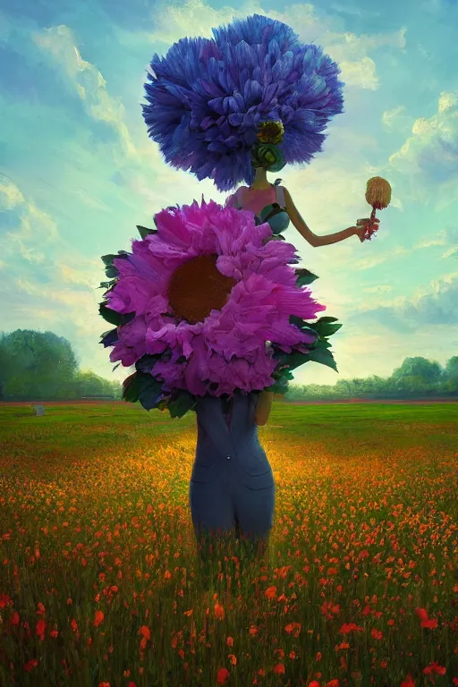 Image similar to closeup, giant flower head, girl in suit floating above field of flowers, surreal photography, sunrise, blue sky, dramatic light, impressionist painting, digital painting, artstation, simon stalenhag