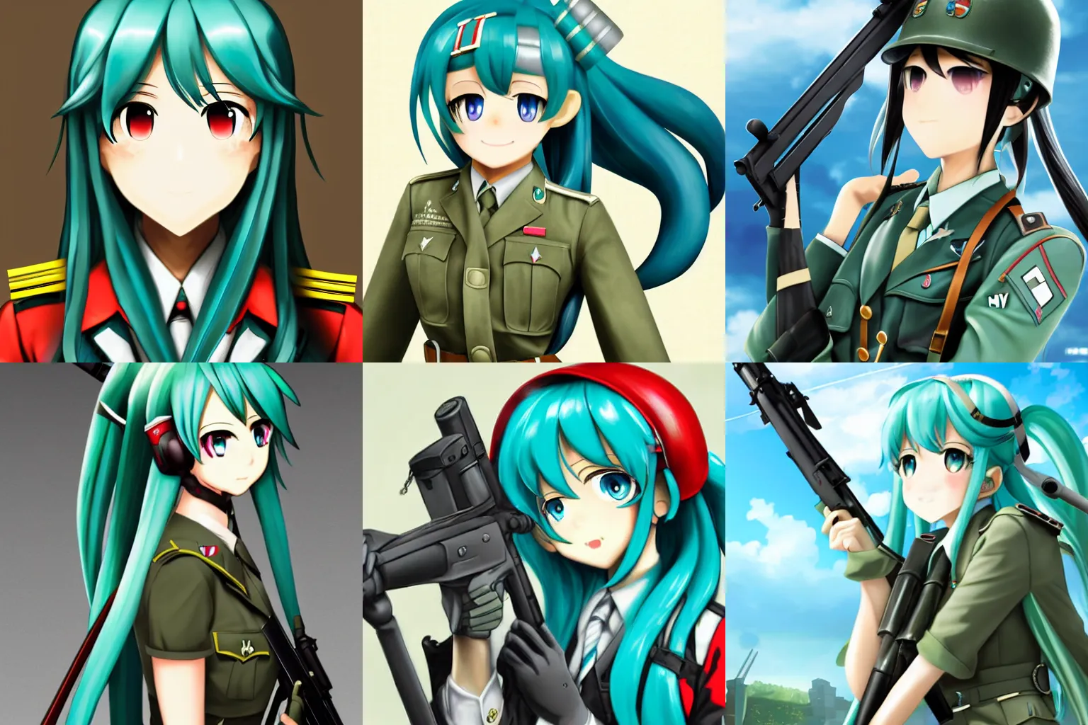 Prompt: Hatsune Miku as a WW2 soldier, very detailed, high resolution, pixiv