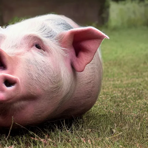 Prompt: hyper realistic image of a pig sleeping in his bed it night