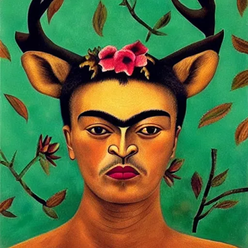 Image similar to a deer with the face of a woman, by frida kahlo