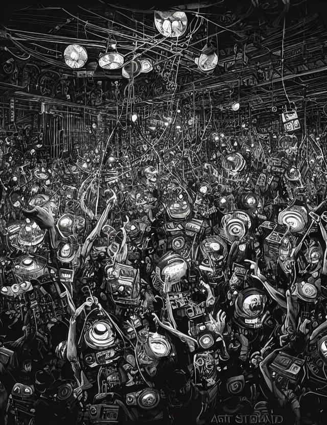 Prompt: “Large crowd of people dancing wildly in a room full of electronic steampunk equipment with lots of electric wires and large loudspeakers and audio meters. Skeleton DJ is playing records on the podium. Artstation. Bright spotlights and strobo lights. Dark, highly detailed. In a style of Mike Savad.”