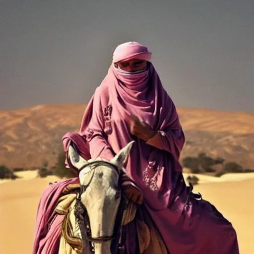 Image similar to beautiful burqa's woman, ride horse in saharan, dress like taliban, riffle on chest, dust, cinematic, dynamic pose, pinterest