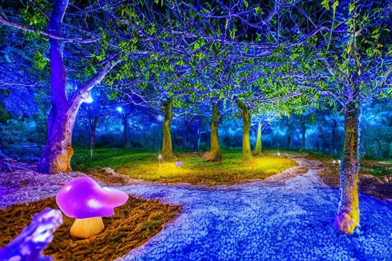 Prompt: inside the magical graden at night,landscape ,glowing blue tree,glowing blue mushroom, wide angle , 4k, 8k, ultrarealistic hyperrealistic, Cinematic colour grading