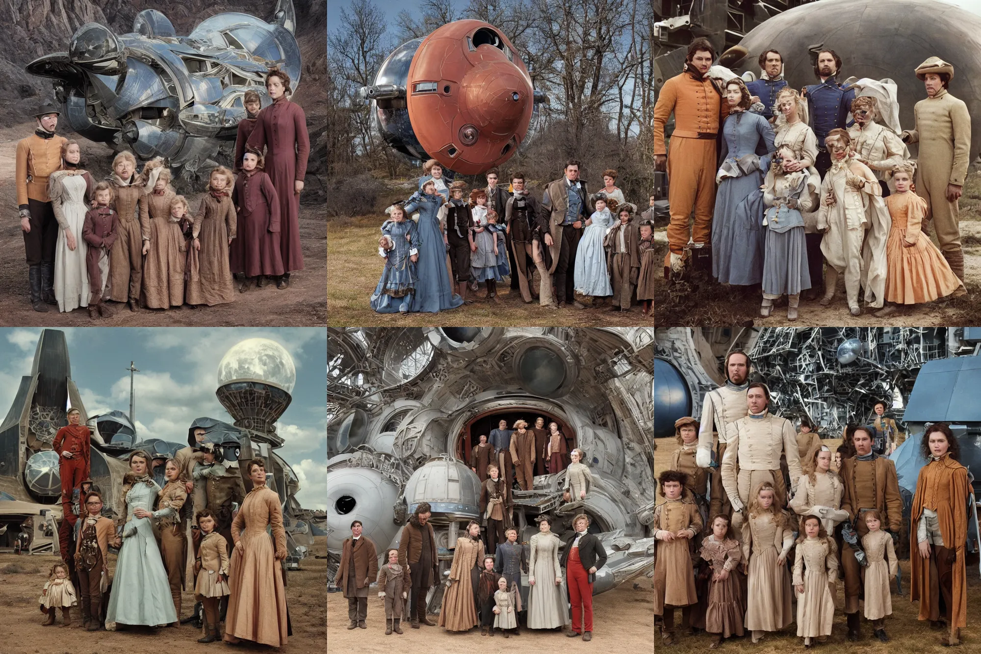 Prompt: highly detailed, 268435456k film, 4200mm film still from a sci fi blockbuster color movie made in 2019, set in 1860, of a family standing in front of a spaceship that has just landed on an alien planet, the family are all wearing 1860s era clothes, good lighting, good photography, ultra high definition