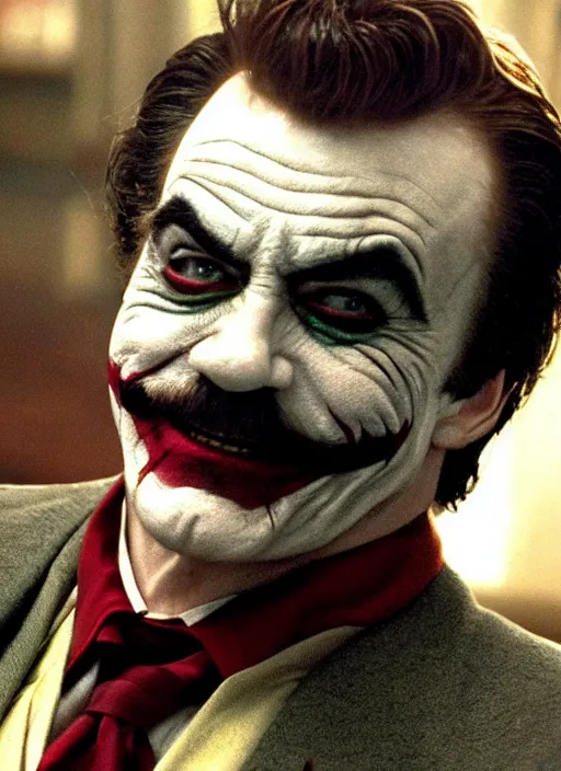 Prompt: film still of tom selleck as the joker in the dark knight, 4 k