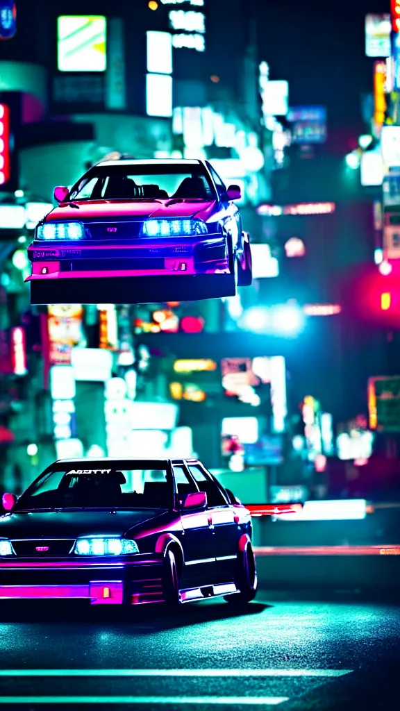 Prompt: a car drift spec JZX100 in middle of road, shibuya prefecture, city midnight neon lights, cinematic color, photorealistic, highly detailed