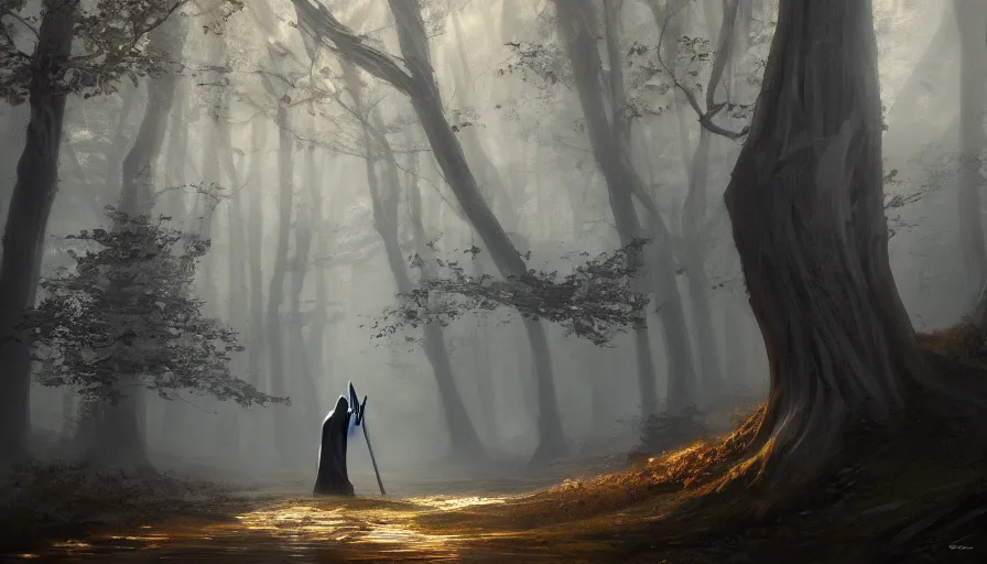 Prompt: A beautiful painting of a the grim reaper wearing a flowing cloak on a magical forest path, ray traced sun light, by greg rutkowski and Kalin Popov , Trending on artstation HD.